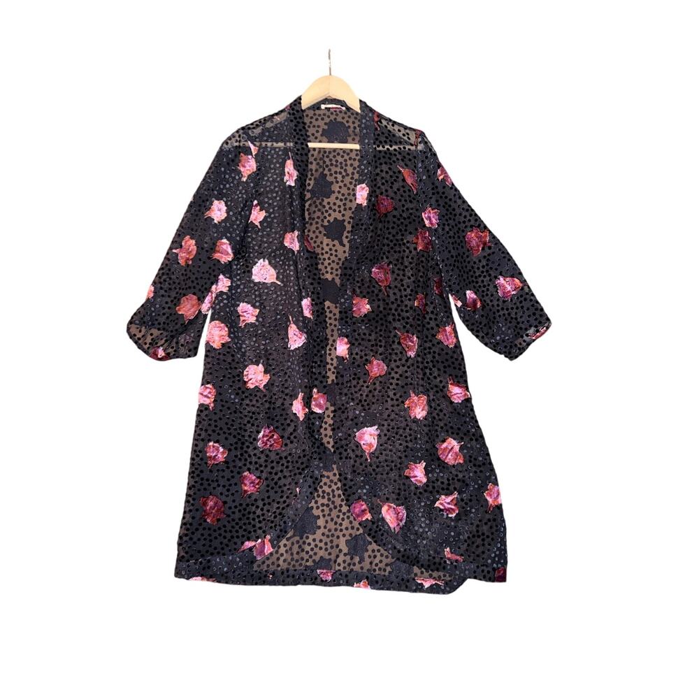Floreat Anthropologie black sheer polka dot floral kimono duster one size boho